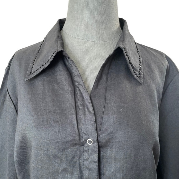 Women’s Shirt LINO USA Black Blouse 3/4 Sleeve Shirt Beads Embroidered Linen Top - Picture 4 of 8